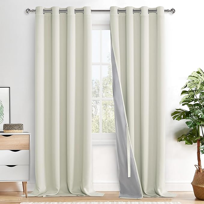 XWZO 100% Blackout Window Curtains - Thermal Insulated & Completely Room Darkening Black Liner Window Treatment with Tiebacks for Bedroom/Living Room, Ivory Beige, W52 x L108, Set of 2 Panels