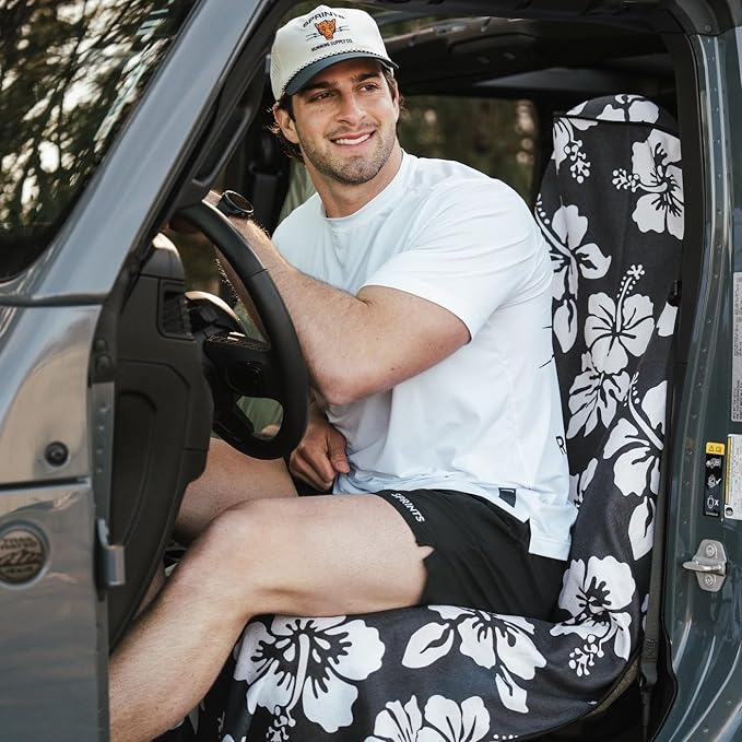 Sprints Athletic Running Towel, Full-Sized, Car Seat Cover - Performance Microfiber (Flex on the Beach - Black w/Snaps)