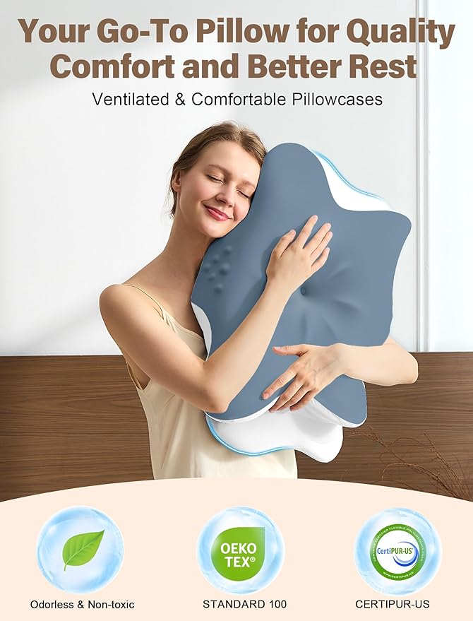 Cervical Neck Pillow for Pain Relief – Ergonomic Memory Foam Pillow for Side Sleeper Contour Orthopedic Bed Pillow for Neck Support with Cooling Cover – Ideal Christmas Birthday Gift - Dark Blue