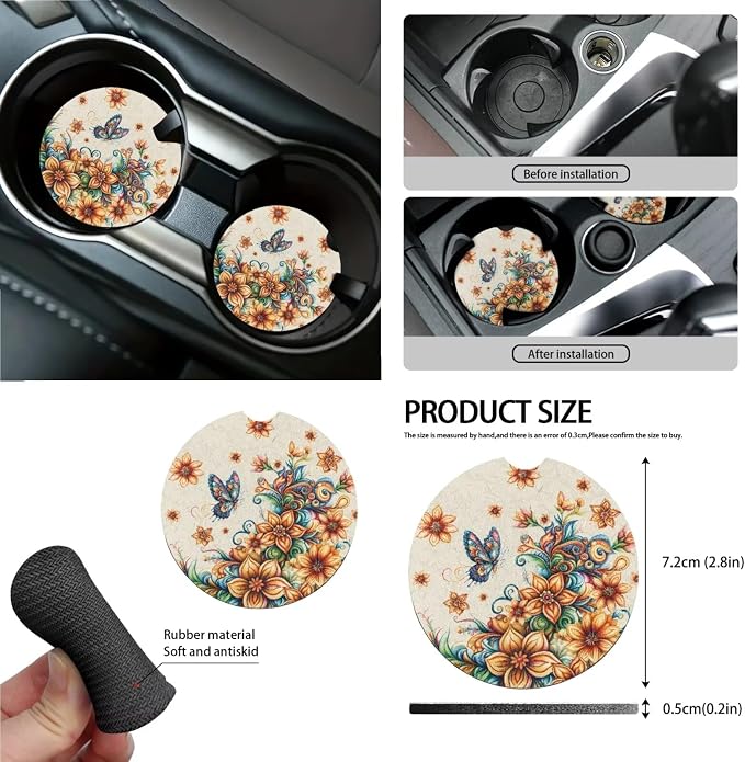 Butterfly Boho Floral Print Car Seat Covers 15Pcs Full Set Car Steering Wheel Cover Seat Belt Cover Trash Bin Air Vent Storage Box Rear View Mirror Car Cup Holder Keychain
