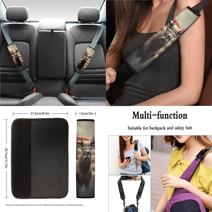 Deer American Flag Pattern Car Accessories Pack of 13, Auto Front and Rear Seat Cover Full Set, 1 Steering Wheel Cover, 4 Seat Belt Cover, 4 Cup Holder Coasters Universal Fit for Most Cars