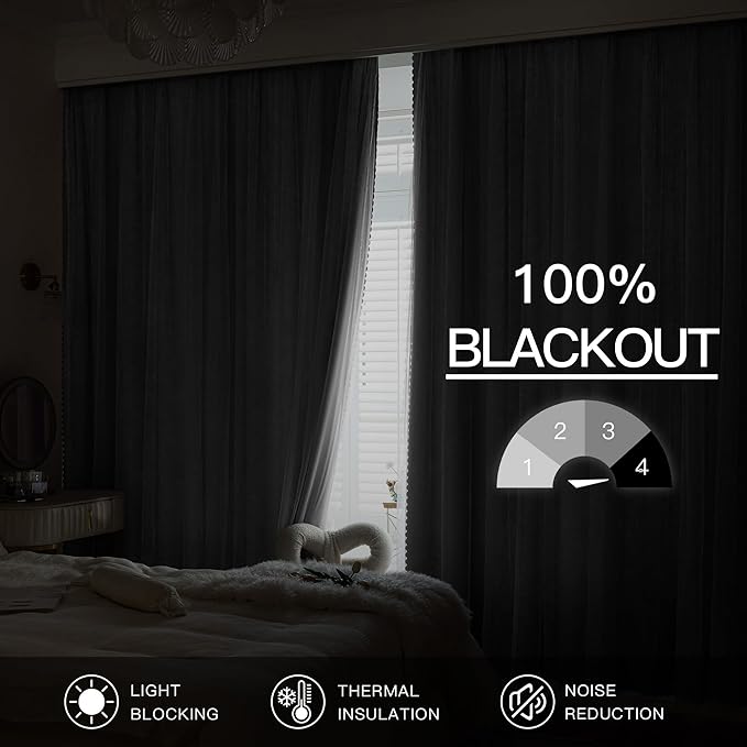 XiDi White Blackout Curtains with Sheer Overlay for Bedroom 63 Inches Long 2 Panels 100% Black Out Double Layer Curtains Thermal Insulated Room Darkening Grommet Short Drapes Greyish White 52W x 63L