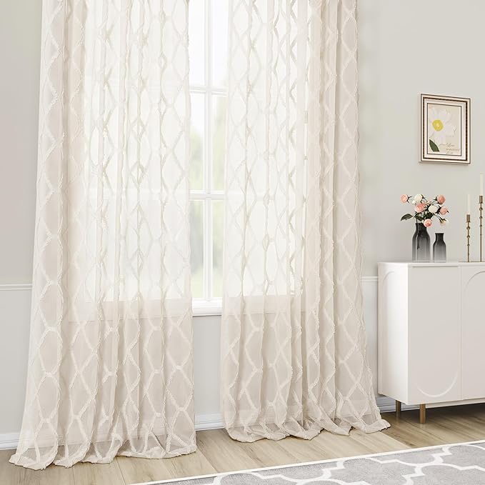 108 Inches Beige Sheer Curtains for Living Room Bedroom Farmhouse Boho Soft Light Filtering Curtains Back Tab & Rod Pocket Tuft Pattern Semi Sheer Curtain 2 Panels Drapes Light Tan Linen Oatmeal