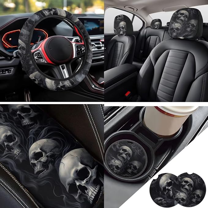 13 Pcs Skull Car Seat Covers Full Set with Auto Steering Wheel Cover Armrest Cushion Protector Seat Belt Covers, Automotive Interior Sets Unverisal Fit Cars SUV Turcks