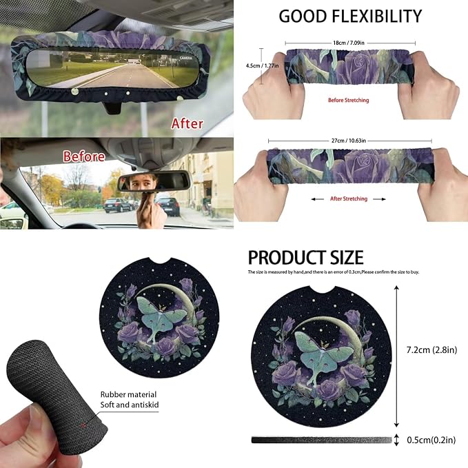 15 Pcs Moon Moth Auto Interior Accessories Car Seat Covers with Auto Steering Wheel Cover Seat Belt Covers Car Trash Can View Mirror Cover Coaster Keychains