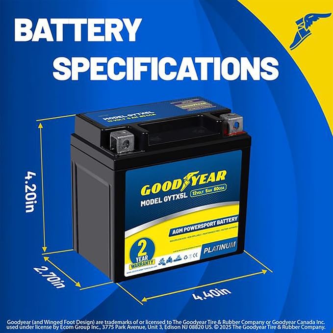 Goodyear GYTX5L - 12 Volt 5 AH, 80 CCA, Rechargeable High-Performance, Maintenance Free, SLA - AGM Battery for Motorcycle, ATV, UTV, 4-Wheeler, Snowmobile, Watercraft and more!