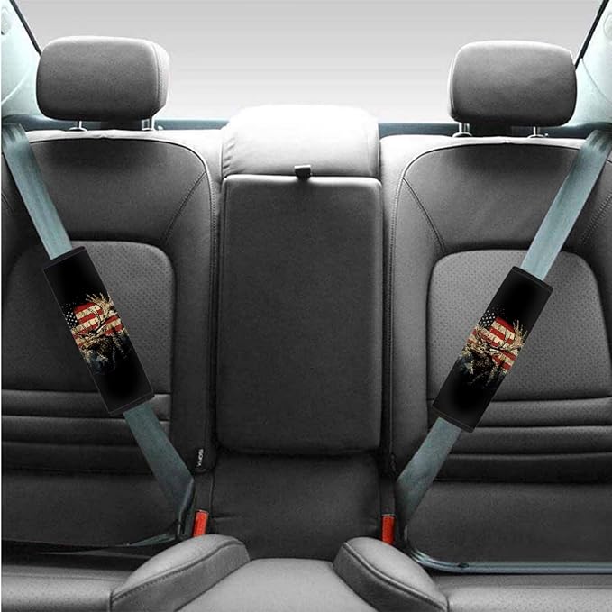 BIGCARJOB American Flag Seat Covers Full Set for Car Universal Auto Front Rear Seat Protector 12 Pcs Elk Steering Wheel Covers,Armrest Pads,Seat Belt Pads