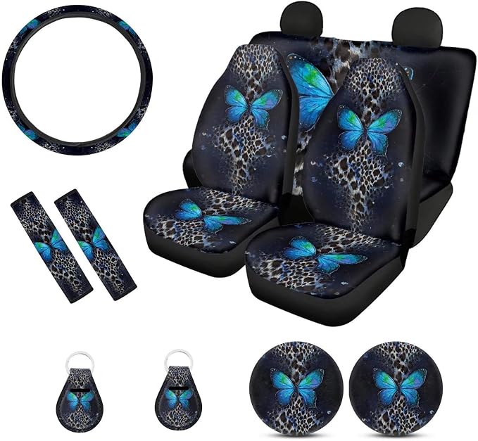 Xoenoiee 11 Pieces Car Seat Covers Interior Accessories Set for Women Universal Fit with Steering Wheel Cover, Seat Belt Pads, Cup Coasters, Keychain - Leopard & Butterfly Pattern