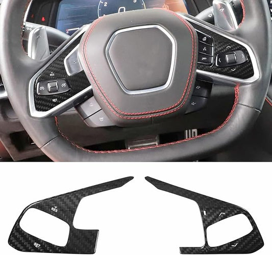 SUNJIKA Compatible with Real Carbon Fiber Steering Wheel Button Frame Cover Trim Interior Accessories For Corvette C8 2020-2024 (Black 2pc）