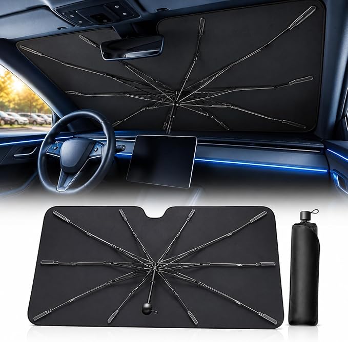 2026 Upgraded DooGooCoo Windshield Sun Shade Umbrella for Car, Reinforced Frame, UV Block Heat Shield, Keeps Interior Cooler, Foldable Front Windshield Cover, Small (52"x31")
