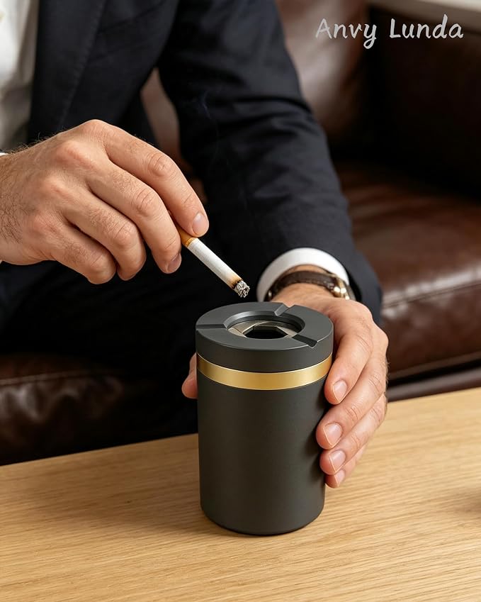 Twist to Open & Close Aluminum Ashtray, Sealed Windproof Smokeless Ashtray, Car Cup Holder, Keeps Ash from Blowing Away & Locks in Odor