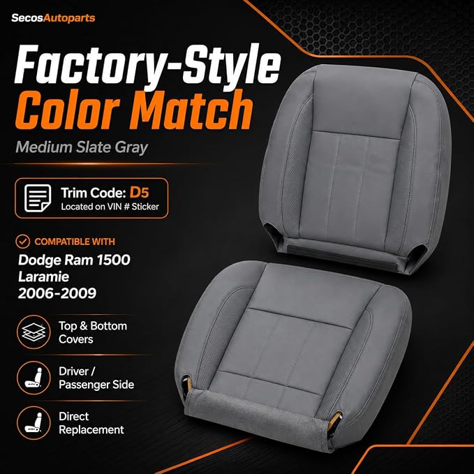SecosAutoparts 4pcs Front Driver & Passenger Side Replacement Leather Bottom & Top Seat Cover Gray Compatible with Dodge Ram 1500 2500 3500 Laramie 2006 2007 2008 2009