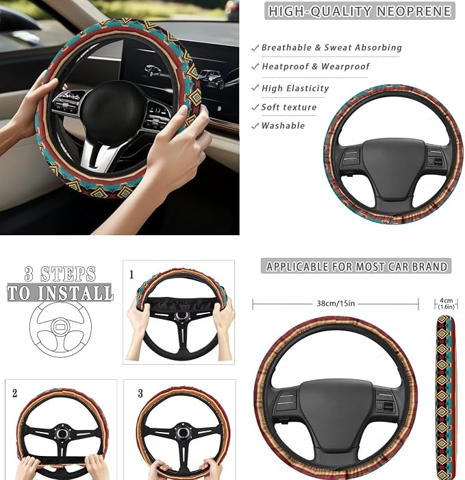 8 Pcs Brown Aztec Bear Car Seat Covers Full Set Car Accessories for Women Front Seat Cover Steering Wheel Armrest Cover Seat Belt Cover for Auto SUV Interior Decoration