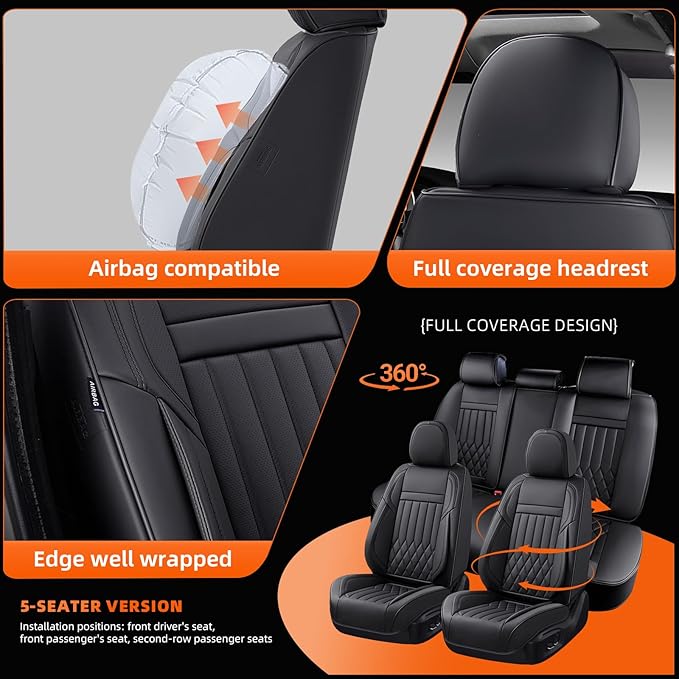 Car Seat Covers Leather Full Set Universal 5-Seater Waterproof Breathable Nappa, Compatible with Honda Civic, Toyota Camry Corolla, Nissan Rogue Sentra, Fit for Front Rear Seats Most Sedans SUV