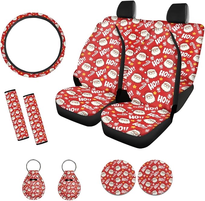 Suobstales Santa Claus Candy Star Print Car Seat Covers Full Set for Women Girly Seat Cover Protector Auto Decorative with Steering Wheel Cover + Seat Belt Covers + Coasters + Keychains
