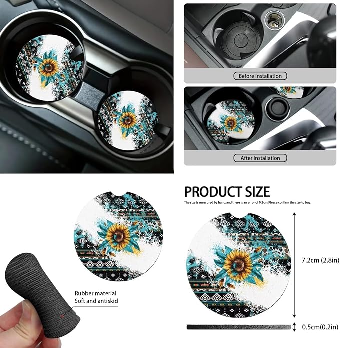 Retro Sunflower 12 Pieces Car Seat Covers Sets Steering Wheel Cover Steering Wheel Cover Car Console Covers Cars Seat Belt Cover Personalized for Most Cars, SUVs