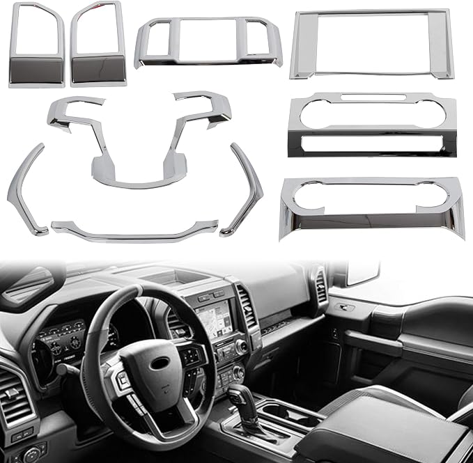ALMULOO Interior Decoration Trim Kit Compatible with 2015-2020 Ford F150 Interior Center Console Dashboard Trim Kit,Steering Wheel Trim & Navigation Panel Cover, Chrome