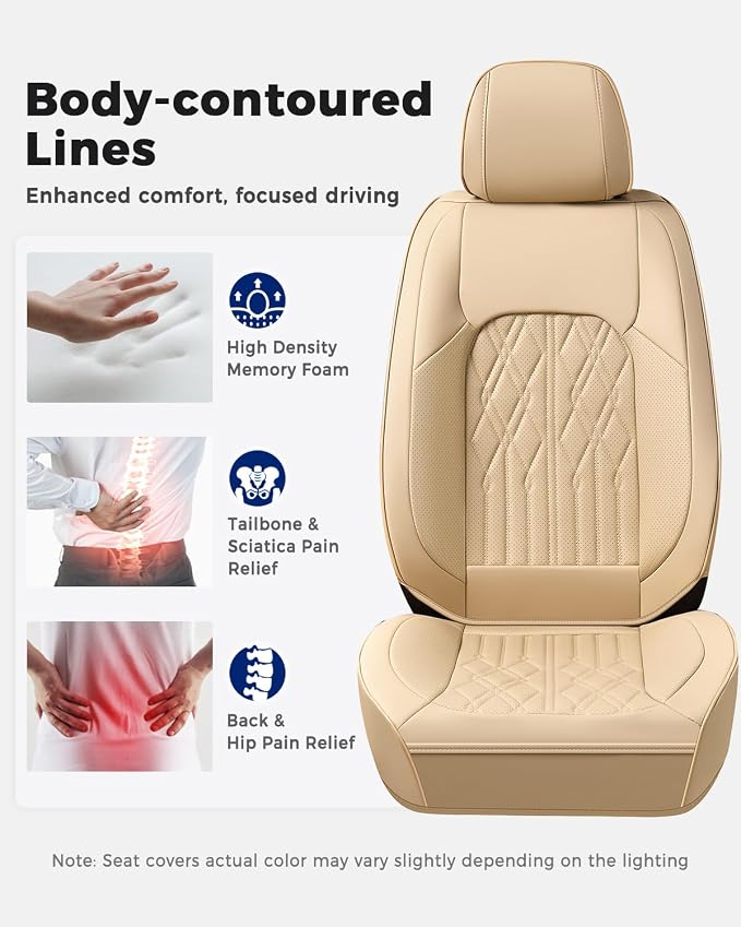 Huidasource Car Seat Covers Full Set, Leather Seat Cover Universal Fit for Most Cars Sedans SUVs Trucks, Airbag Compatible, Cup Holder Access, Easy Install, Wipes Clean, Wear-Resistant, Beige