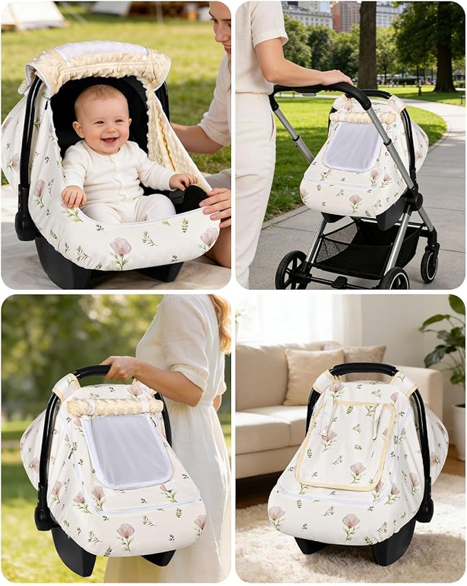SWESEN Baby Car Seat Cover/Insert, Summer Carseat Covers Baby Girl, Easy Access carseat Canopy Snug Fit Baby Stroller, Dual-Layer Protection, Cooling Mesh & Roll-Up Sun Shade, Floral