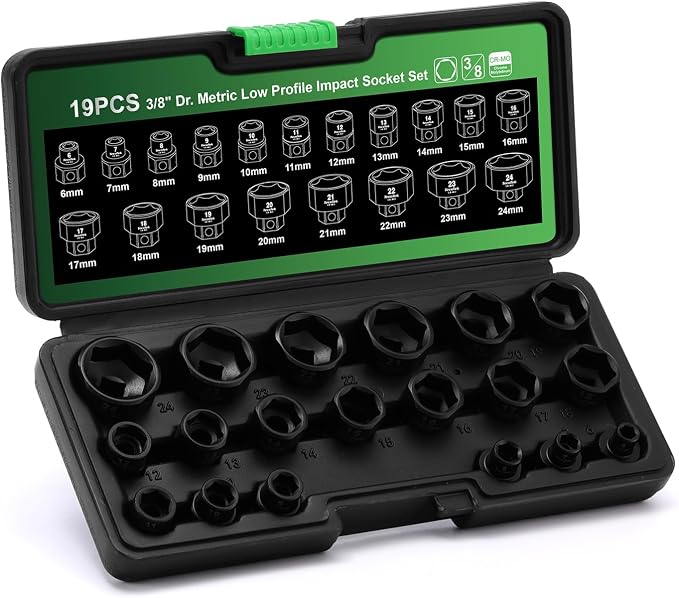 TecoTek 19PCS 3/8-Inch Drive Metric Low Profile Impact Socket Set, Stubby Socket Set, 6mm-24mm, No Skips Sizes, 6 Point, Cr-Mo, Shorter Socket for Tight Areas