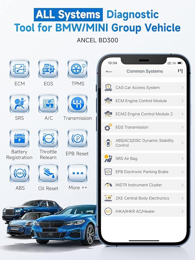 ANCEL BD300 BMW Bluetooth OBD2 Scanner, Full System Code Reader and Diagnostic Tool for BMW with Battery Registration Service Reset EPB CBS ETC ABS Airbag & Powerful OBD2 Functions