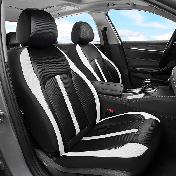 Coverado Leather Car Seat Covers Front Seats & Carbon Fiber, Waterproof and Durable All Weather Protector, Universal Fit for SUV, Pickup Truck, Sedan, Automotive Vehicle Interior, Black&White