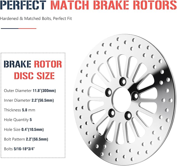 11.8" Rear Brake Rotor with Bolts Set for Harley Davidson Touring Models, for Road King/Street Glide/Road Glide/Electra Glide 2008-2022, Mirror-Polished Stainless Steel Rotors, 1 PCS Rear Rotor