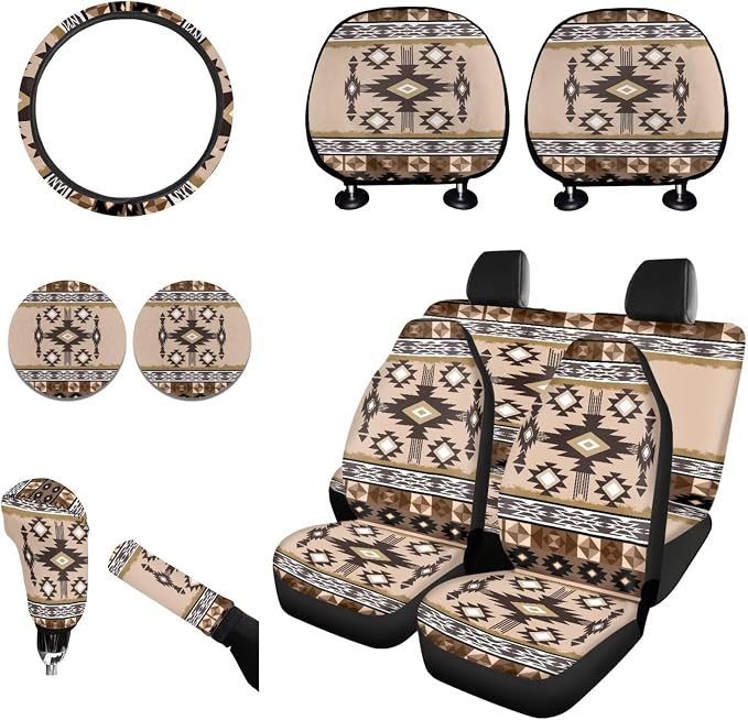 Wanyint Southwestern Aztec Khaki Car Seat Cover Full Set 11 PCS, with Steering Wheel Headrest Handbrake Gear Shift Cover Cup Holders Universal Fit Most Vehicles