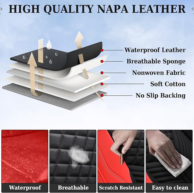 Coverado Front Seat Covers, 2 Pack Waterproof Seat Covers for Cars, Luxury Leather Seat Cushions, Front and Rear Seat Protectors, Auto Seat Covers Fit for Most Vehicles(Black&Red)