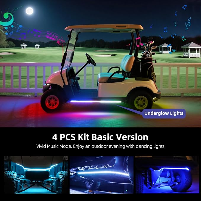 Golf Cart LED Light Strip, LED Lights Underbody Underglow Kit, Neon Strips Lighting, Universal Compatible with EZGO Club Car Yamaha, 12V - 80V Input, Muti-Color, Music Sync & Waterproof, 4PCS