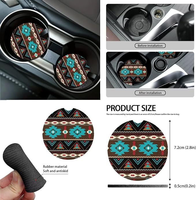 Wanyint Car Seat Cover Set 15 Pack, with Steering Wheel Seat Belt Strap Rearview Mirror Cover Garbage Cans Air Vent Pouch Coasters Keychain Auto Interior Decor, Southwest Aztec Teal Brown
