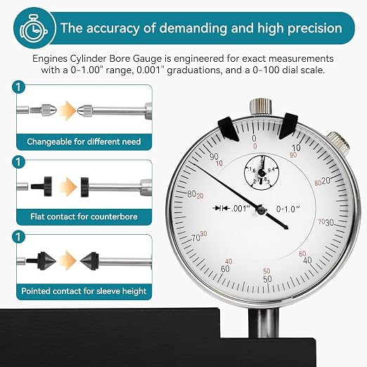 6434 Sleeve Height and Counter Bore Gauge for All Diesel Engines Cylinder Bore Gauge Range 0-1.00", Graduation 0.001", Reading 0-100