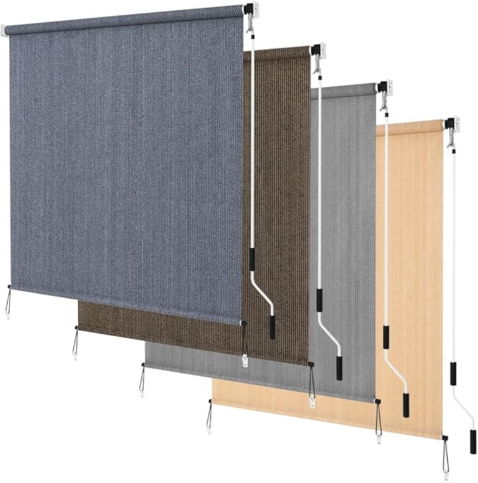 KELIXU Patio Shades Roll Up Outdoor Blind, 8' W x 6' H Cordless Sun Shade Privacy Screen with 90% UV Protection Exterior Roller Shade Cloth for Porch Pergola Backyard Windows Balcony, Blue-Gray