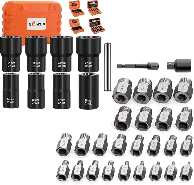 XEWEA 9PCS 1/2" Lug Nut Remover Set + 27PCS 3/8" Drive Multi-Spline Screw Bolt Extractor Set,Wheel Lock Removal Kit, Easy Out Extractor Set for Damaged, Frozen, Rusted, Rounded-Off Bolts Nuts & Screws