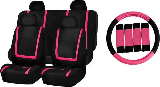 FH Group Automotive Seat Covers Unique Flat Cloth Pink Full Set, Combo Steering Wheel Cover and Seat Belt Pads Rear Solid Bench Universal Fit for Vans Cars Trucks and SUV Interior Accessories