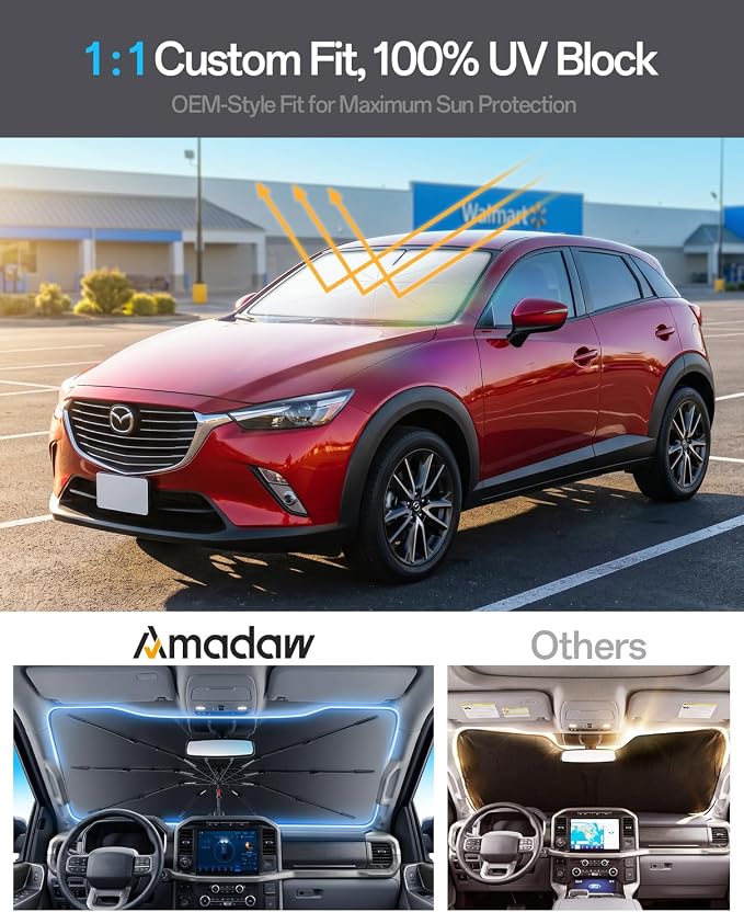 Windshield Sun Shade for Mazda CX-30 2020–2026, Foldable Umbrella Sunshade with 100% UV Block, Multi-Layer Heat Insulation, Reinforced 10-Rib Frame, Keeps Car Cooler, Summer Car Accessory