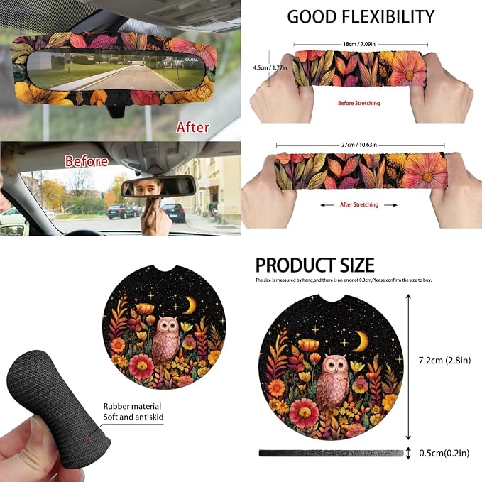Moon Floral Owl 15Pcs Car Seat Cover Full Set Car Steering Wheel Cover Seat Belt Cover Trash Bin Front Rear View Mirror Car Cup Holder Keychain