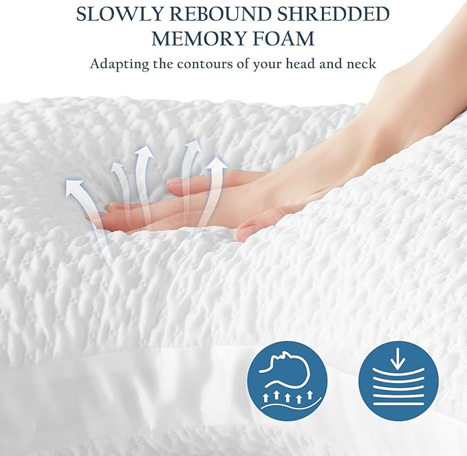 Cooling Contour Pillow for Side and Back Hot Sleepers Curved Memory Foam Pillow for Neck and Shoulder Pain Relief - Adjustable Shredded Memory Foam with Washable Cover, White Standard Size