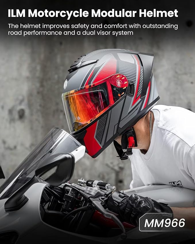 ILM Modular Motorcycle Helmet for Adults Full Face Flip up Riding with Dual Visor Street Bike Racing DOT Model MM966 (Black Red, L)