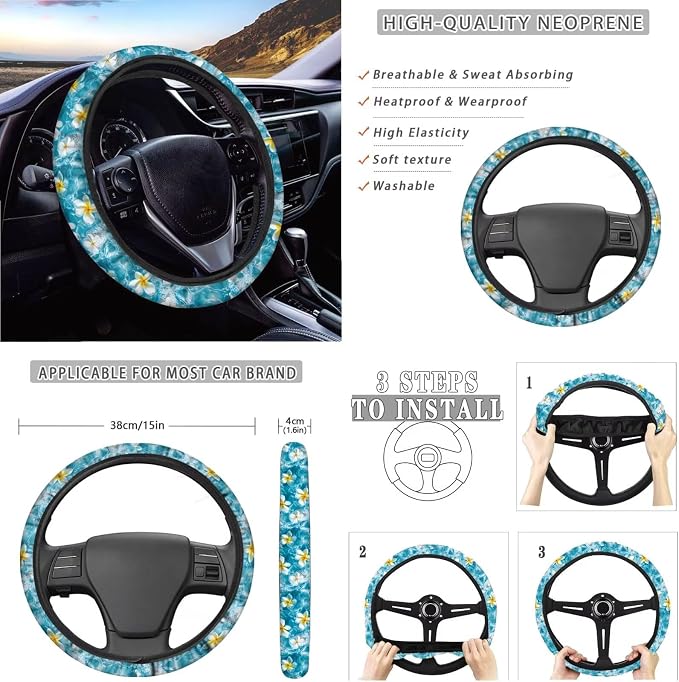Sea Turtle Print Car Seat Covers Full Set Plumeria Starfish Print Front and Rear Car Seat Covers with Steering Wheel Cover Center Console Pad Safety Belt Pads Rearview Mirror Cover