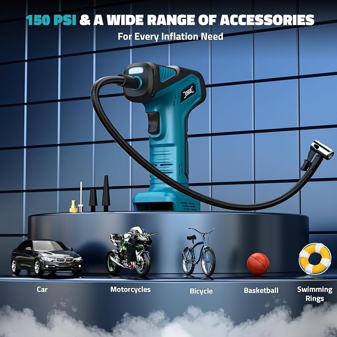DIYtoolifz 150PSI Tire Inflator Portable Air Compressor: Cordless Air Pump Compatible with Makita 18V Battery - Car Tire Pump with Digital Pressure Gauge & LED Light for Auto, Motorcycles (Tool Only)