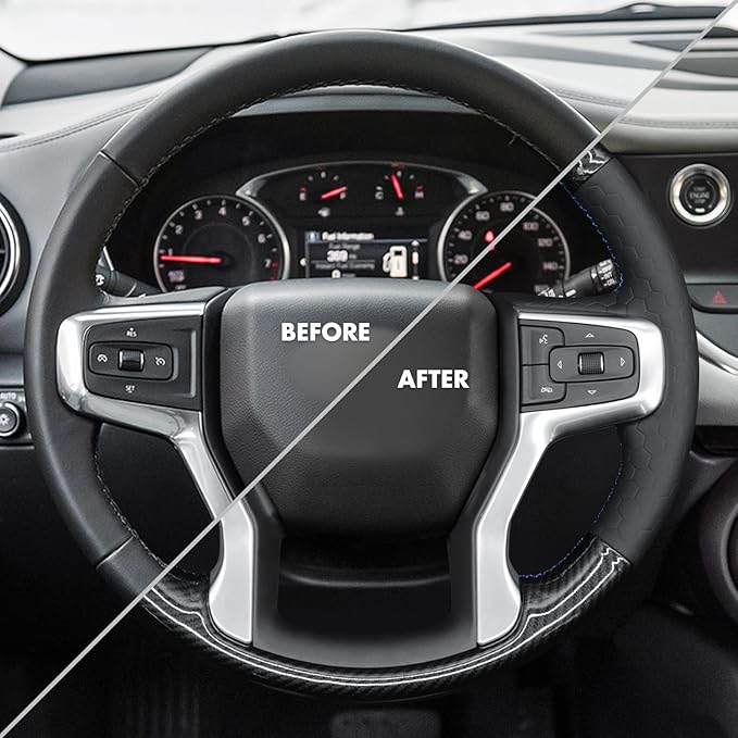 MEWANT Steering Wheel Cover for Chevy Silverado 1500 2019-2024/2500 3500 2020-2024/Blazer 2019-2024/Suburban Tahoe 2021-2024 Carbon Fiber Hand-Stitched Steering Wheel Wrap