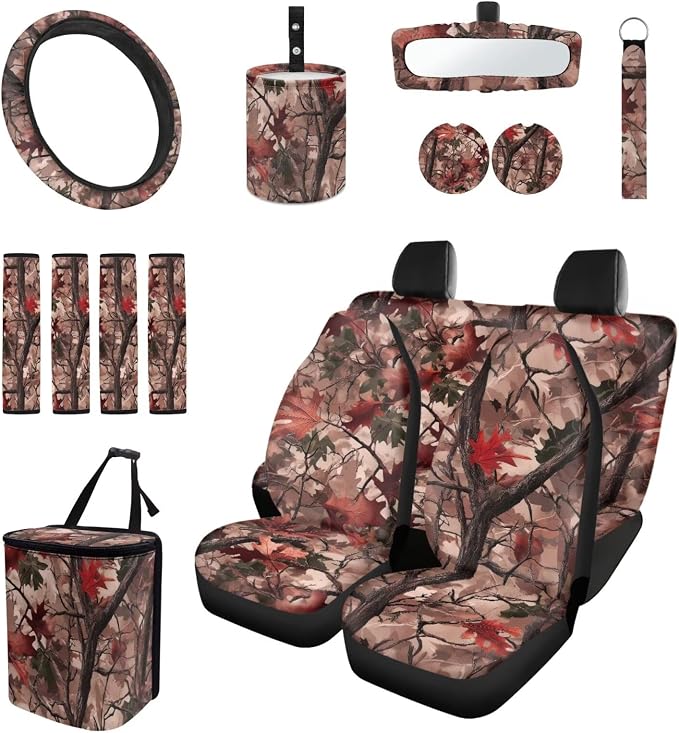 Pink Auto Interior Accessories Camo Tree Car Seat Covers with Auto Steering Wheel Cover Seat Belt Covers Car Trash Can View Mirror Cover Coaster Keychains