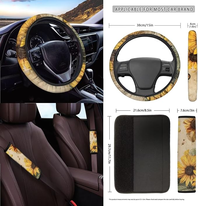 Butterfly Sunflower Print Car Seat Covers Full Set with Steering Wheel Cover Safety Belt Pads Rearview Mirror Cover Garbage Bag Car Air Vent Organizer Cup Cushions for Women