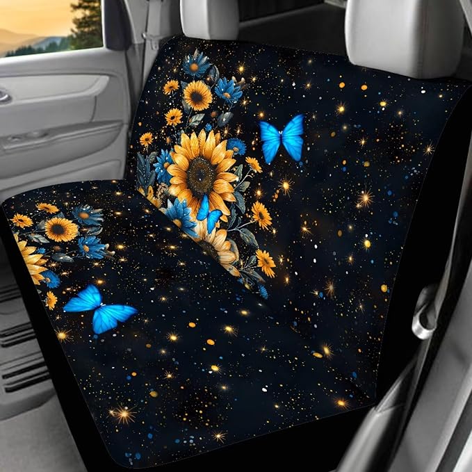 Butterfly Car Seat Covers Full Sets of 17Pack,Sunflower Car Accessories Sets with Seat Belt Shoulder Pad,Steering Wheel Car Covers,Cup Coasters,Butterfly Car Floor Mats Set of 4,Universal Fit