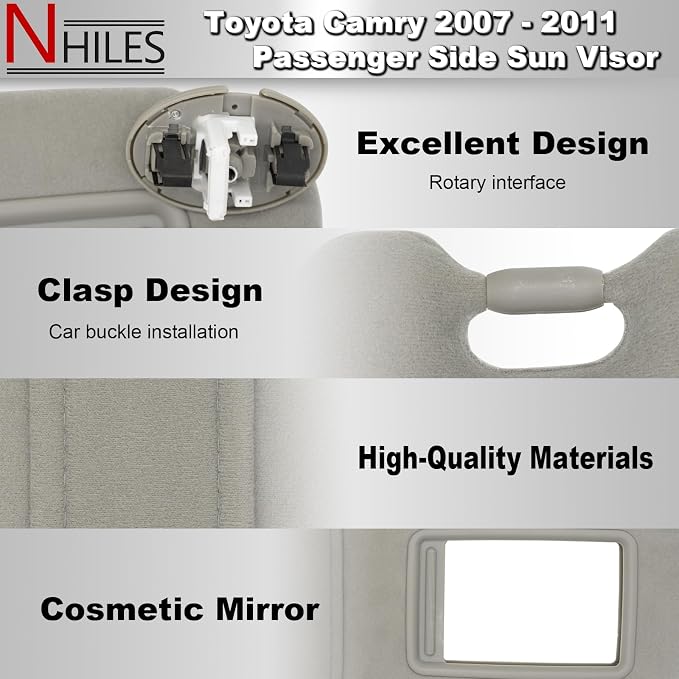 NHILES Right Passenger Side Sun Visor Fits for Toyota Camry 2007 2008 2009 2010 2011 Replacement Sun Shade with Light # 74310-33F30-B0 (Gray)