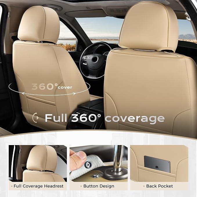 Coverado Car Seat Covers Full Set, Seat Covers for Cars, Front Seat Covers and Back Seat Cover Waterproof Leather Automotive Seat Cover, Universal Car Interior Protectors Cushion for Most Cars Beige