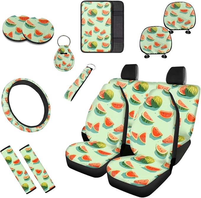 13 Piece Watercolor Slices Car Accessories Set, Breathable Summer Fruit Car Seat Protecotr with Headrest Cover Steering Wheel Cover Safety Belt Armrest Pad Cup Mat