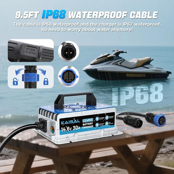 12V 30A Lithium Battery Charger 14.6V LiFePO4 Battery Charger IP67 Waterproof & 0V Wake Up 12 Volt Lithium Charger with 2 Connectors, 8 Protections for 12.8V LiFePO4 Battery of RV, Boat, Solar, Marine