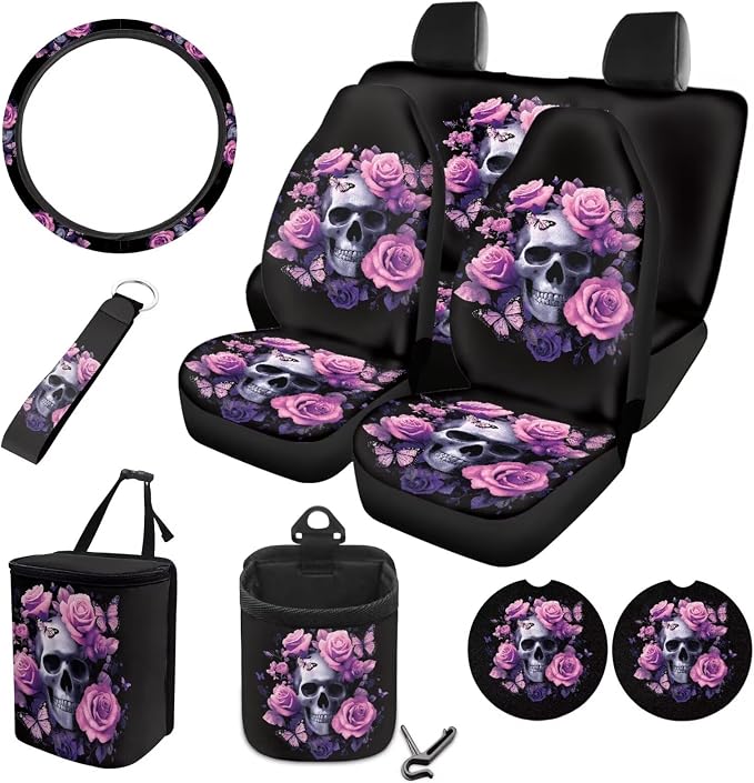 Skull Rose Pink Print 10 Pack Car Seat Covers Set Wear-Resistan Front Rear Seat Covers, Steering Wheel Cover, Air Vent Storage, Garbage Can, Cup Coaster, Keychain for SUV Truck